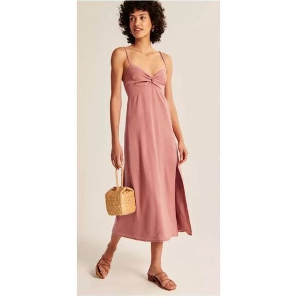 451. Abercrombie and Fitch pink twist front midi dress with a slit size Medium P - Picture 1 of 7